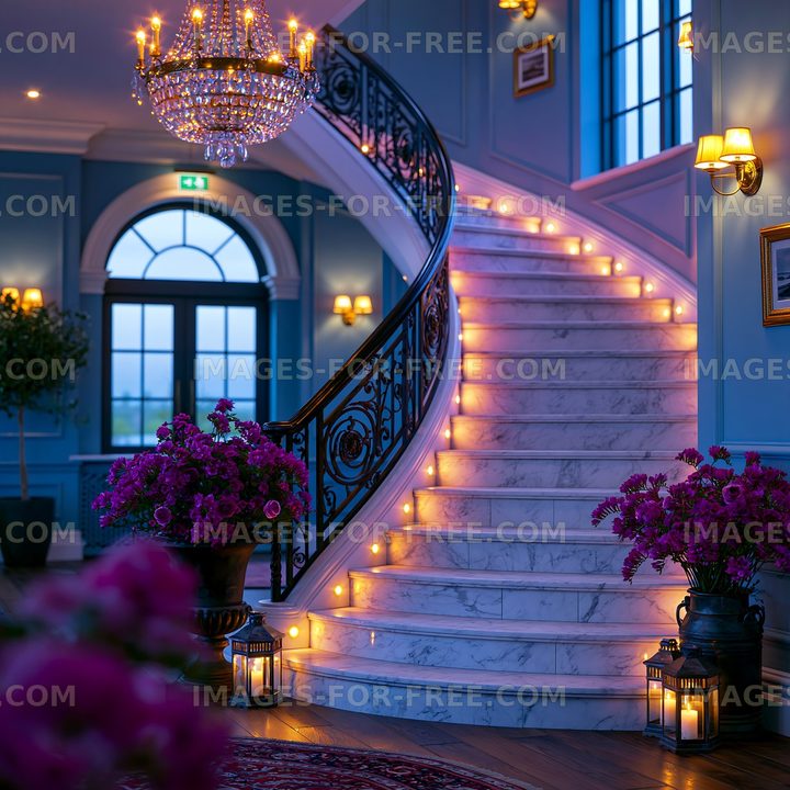 Elegant staircase with flowers and lighting at dusk