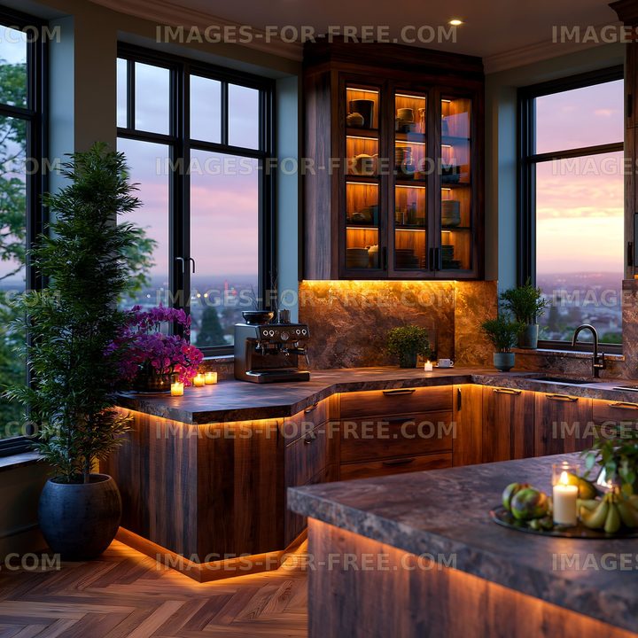 Warm kitchen with modern design at sunset