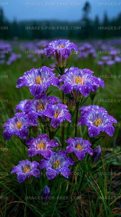Purple flowers with droplets in a field after rain