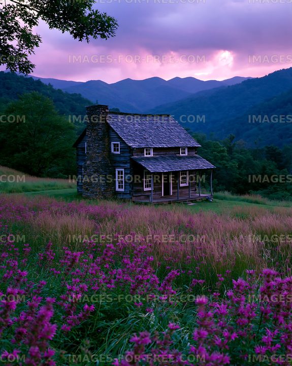 Sunset over a log cabin surrounded by wildflowers and mountains