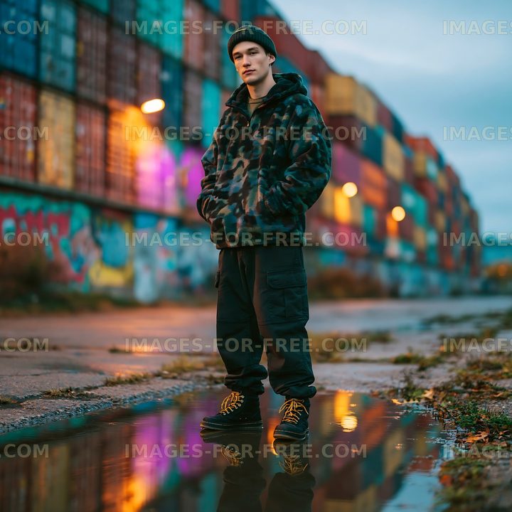 Young man standing in front of shipping containers during twilight