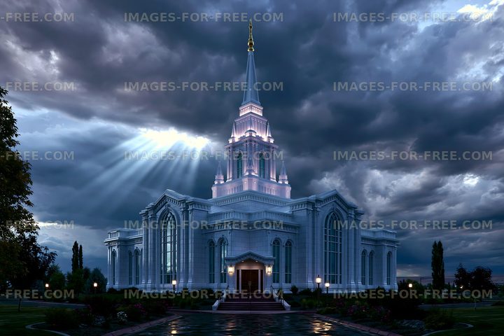 Dark clouds surround a temple with bright rays of light shining down
