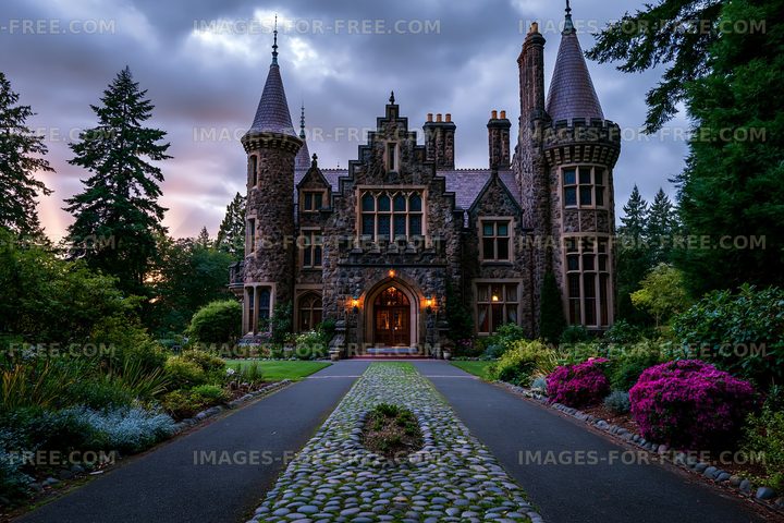Historic stone castle with gardens at twilight