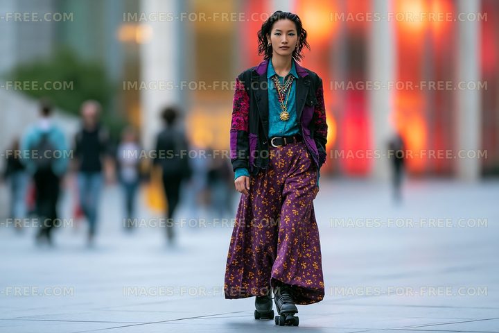 Fashionable woman walking in a city with motion blurred crowd