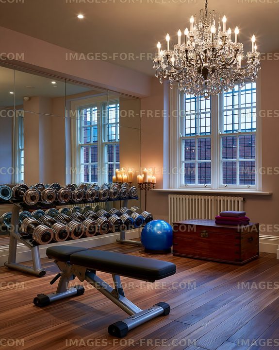Modern gym with weights and chandelier in bright room