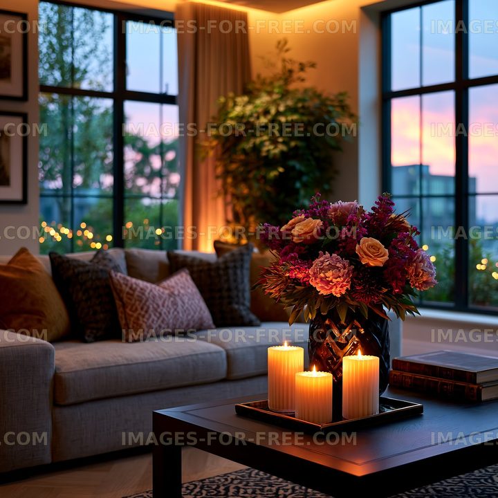Cozy living room with candles and flowers in the evening light