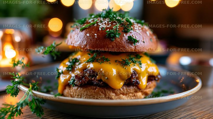 Delicious burger with cheese on a plate in a restaurant setting