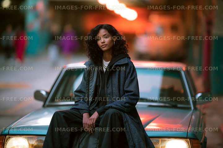 Woman posing on top of car in urban street setting
