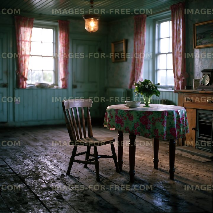 Cozy room with a wooden table and chair in an old house