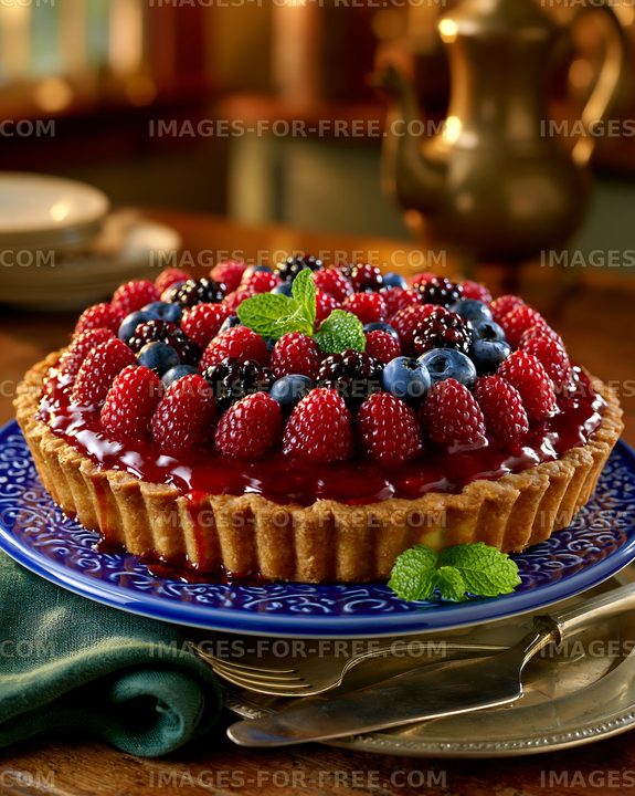 Berry tart placed on a blue plate in a cozy kitchen setting