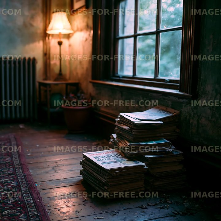 Old newspapers stacked in a dimly lit room near a window
