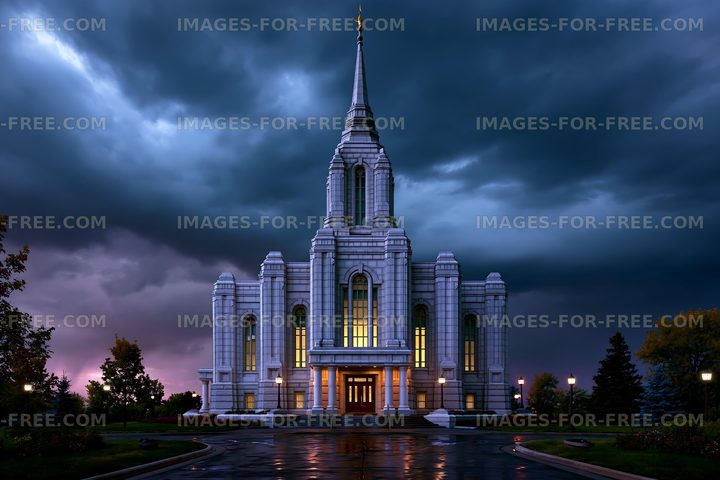 Cloudy sky over a large building with lights at dusk