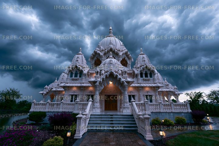 Beautiful temple under dark stormy clouds