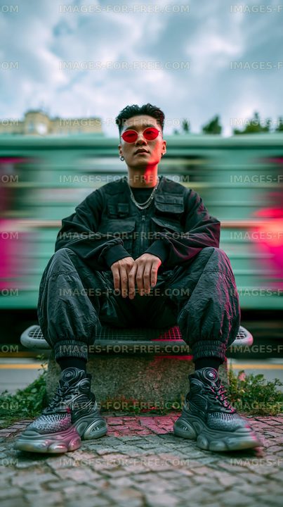 Young person wearing sunglasses sits on bench in city street