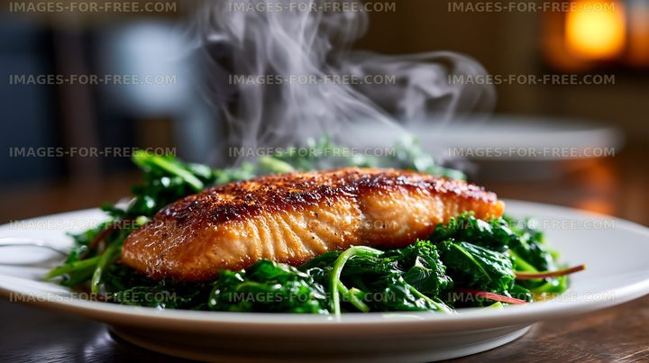 Salmon fillet served on a bed of greens with steam rising