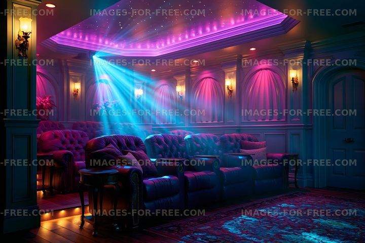 Home theater with colorful lights and vintage seating