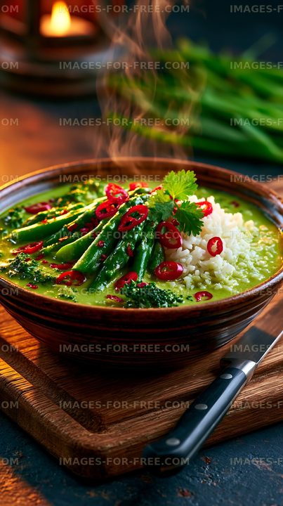 Warm bowl of green curry with vegetables and rice