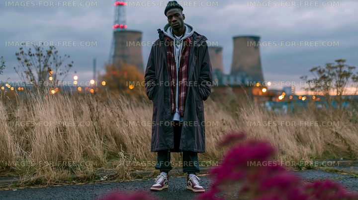Man standing in an industrial area with power plant in the background