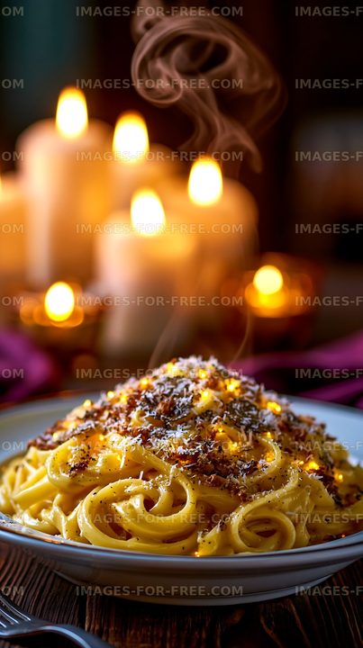 Warm pasta dish with candles in background