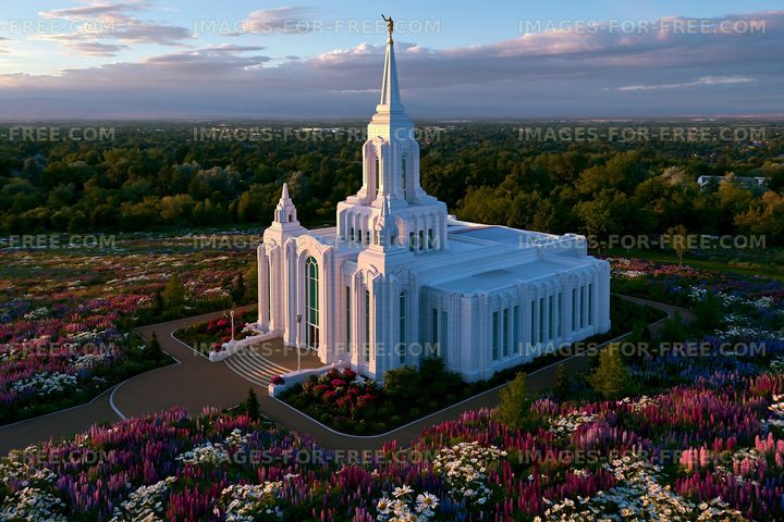 Beautiful temple surrounded by colorful flowers in daylight