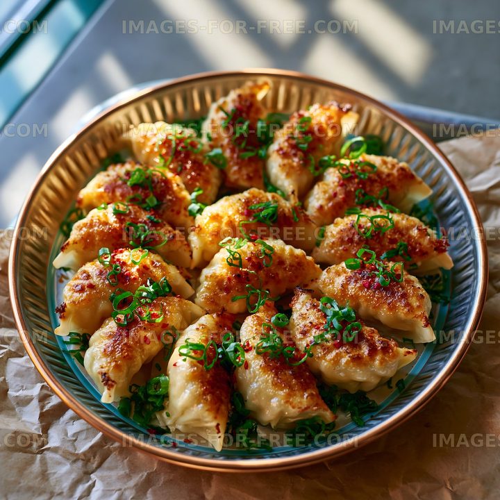 Dumplings served on a plate with green onions on top