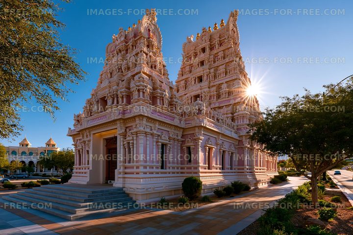 A Hindu temple features detailed carvings and tall spires