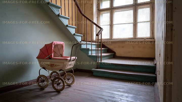 Old baby stroller beside wooden stairs in empty building