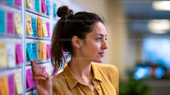 Woman standing near a wall covered with sticky notes in an office