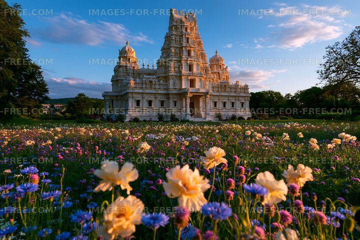 Flower field near a temple at sunset with blue sky and clouds