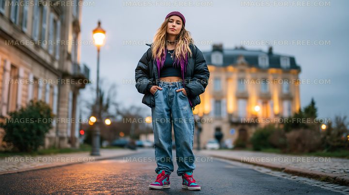 Street fashion photo of a young woman in a city setting at dusk