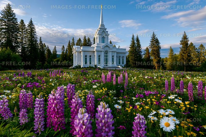 Colorful flowers in front of a white church among trees