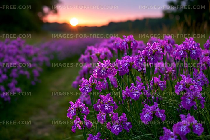 Vibrant field of purple flowers at sunset in a natural setting