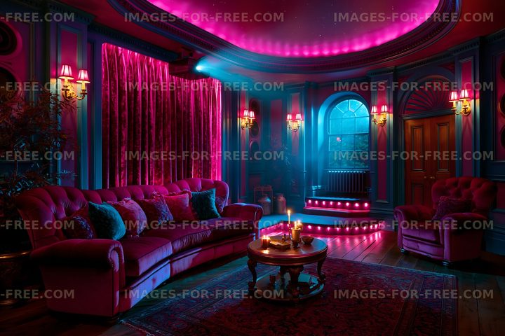 Cozy interior with bright pink lights and dark furniture at night
