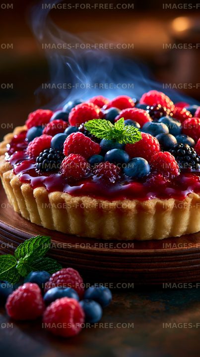Berry tart on a wooden table with steam rising