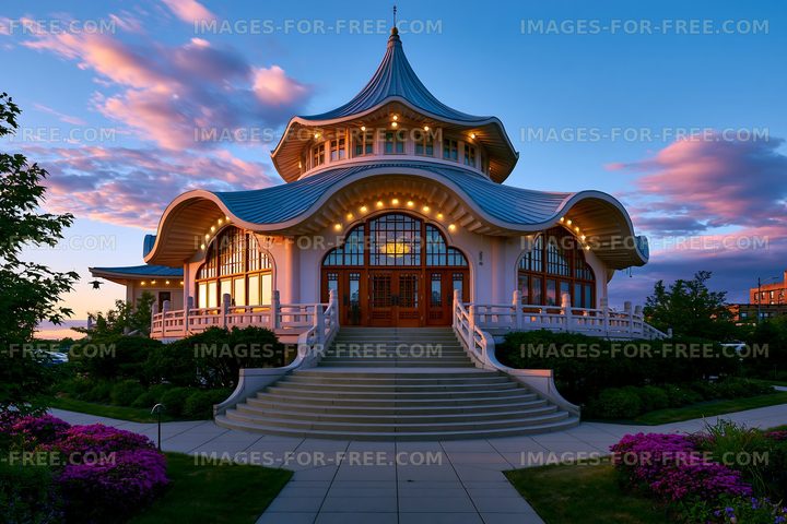 Unique building with curved roof and lights at sunset