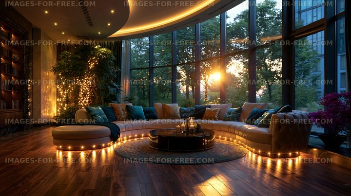 Cozy indoor lounge area with large windows and sunset view