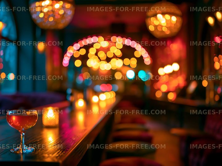 Cocktail on a bar in a lounge with colorful lights