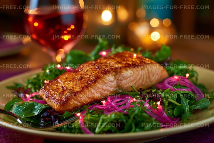 Freshly cooked salmon served on a bed of greens with pink onions
