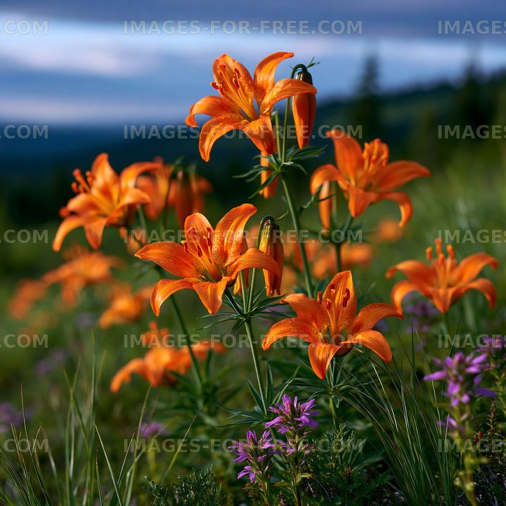 Orange lilies bloom in a green field during the day