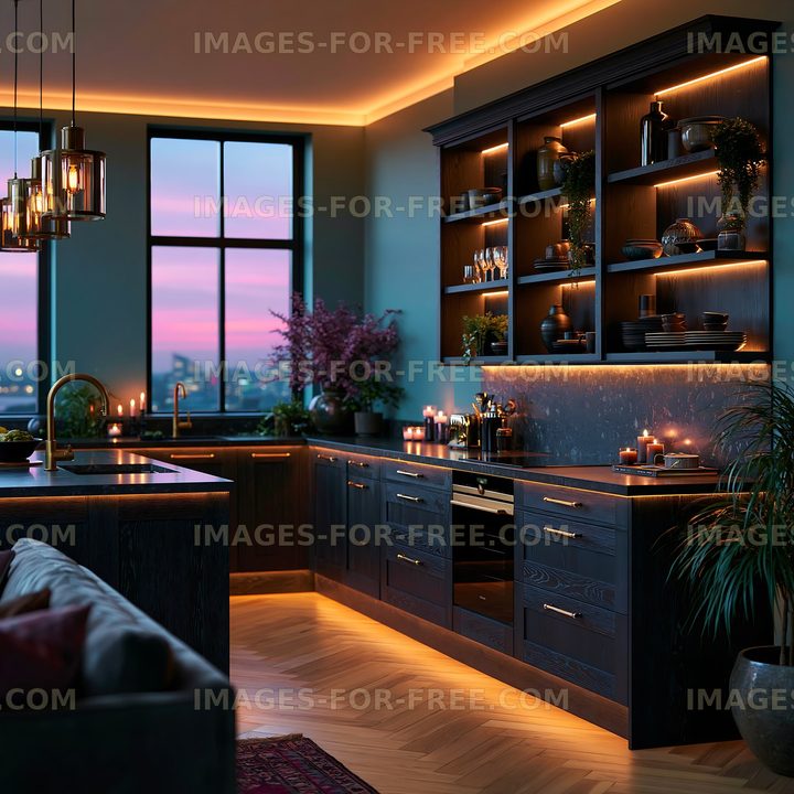 Modern kitchen with warm lighting and evening view