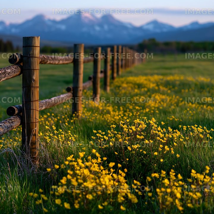 Mountain landscape with a wooden fence and yellow flowers