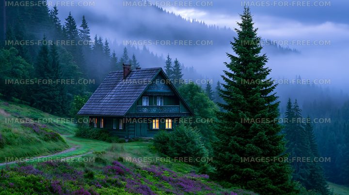 Foggy evening with a house surrounded by trees and flowers