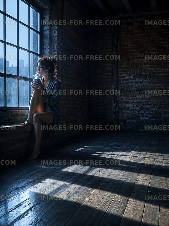 Woman sitting by window in a rustic room holding a cup