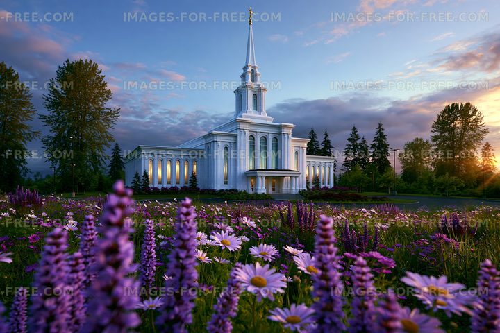 Church building surrounded by flowers during sunset