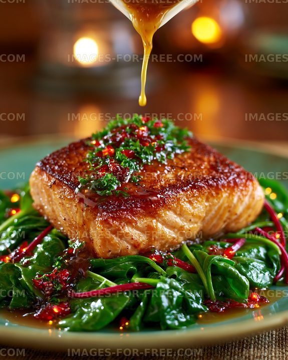 Cooking salmon with greens and sauce in a restaurant setting
