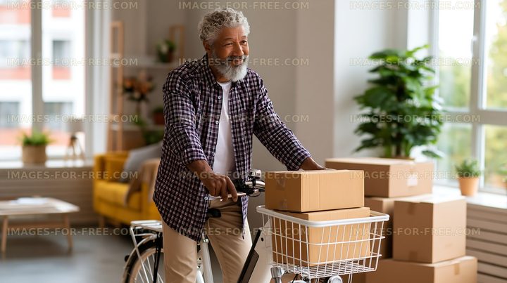 Senior man delivering packages by bicycle in a sunny room