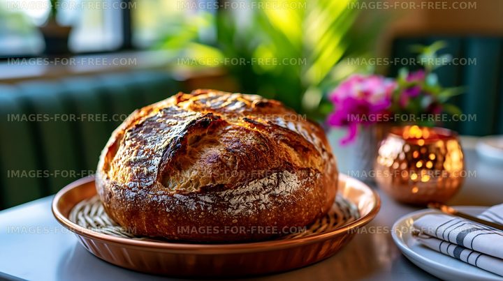 Freshly baked round bread on a plate in a dining setting