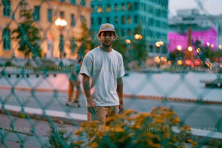 Man in white shirt standing near flowers in urban area at dusk