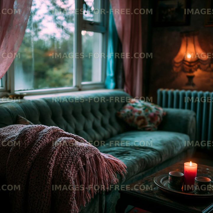 Cozy living room with candlelight and soft furnishings in the evening