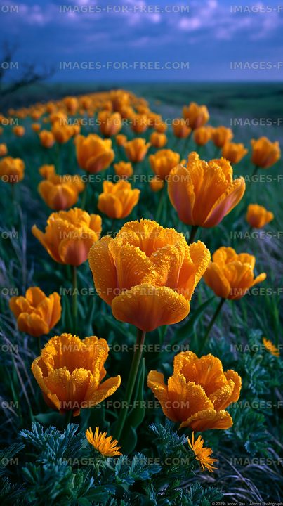 Colorful orange flowers bloom in a field under a cloudy sky
